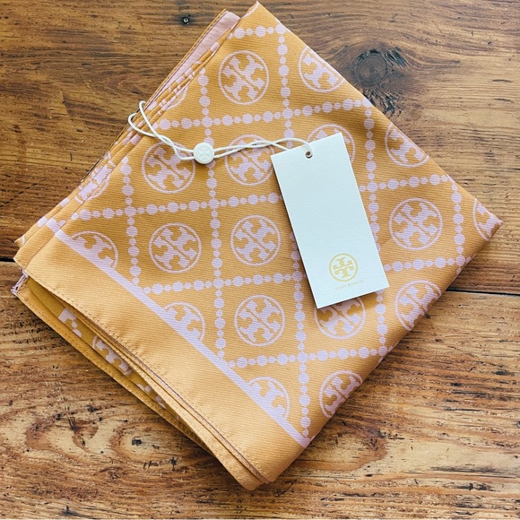 NWT Tory Burch T Monogram Two Tone Scarf - Golden Marigold & Pink - Picture 4 of 5